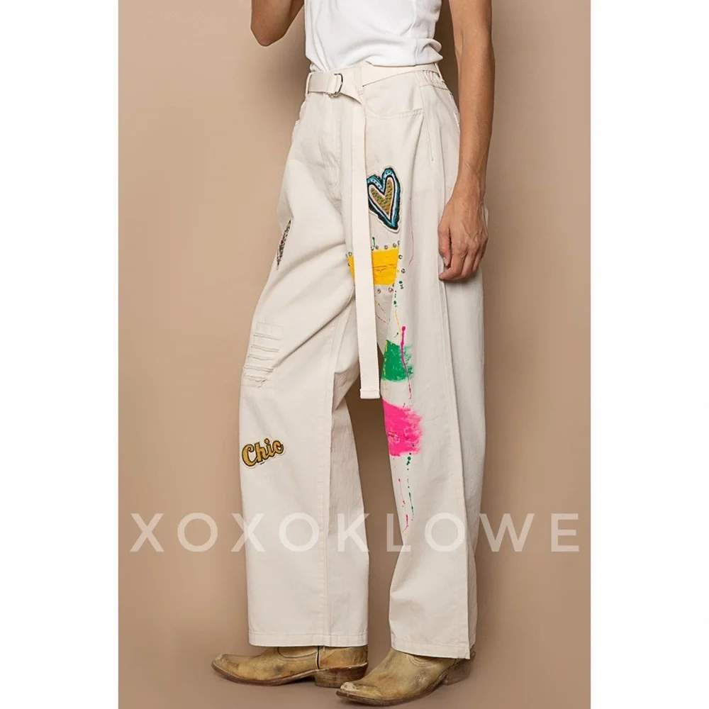 POL Cream Paint & Patch Loose Fit Wide Leg Pants - Picture 12 of 16